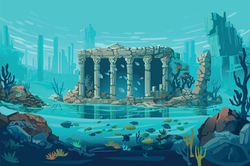 Background sunken city in the flat cartoon design. Underwater background adds an air of mystery, shrouding the sunken city in an enchanting ambiance. Vector illustration.