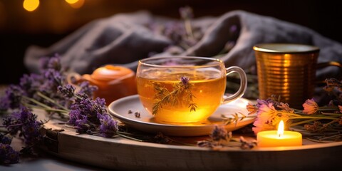 Relax at home. Cup of herbal tea, aroma candle, sticks, lavender flowers, dry oranges and natural oils on wooden tray with copy space. Insomnia or depression treatment.