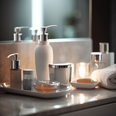 Still life of products and soap in a luxury bathroom or spa, white and cream colors - 663751332