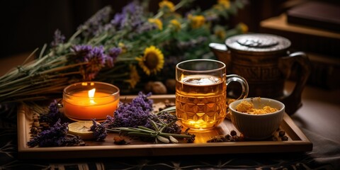 Relax at home. Cup of herbal tea, aroma candle, sticks, lavender flowers, dry oranges and natural oils on wooden tray with copy space. Insomnia or depression treatment. - obrazy, fototapety, plakaty