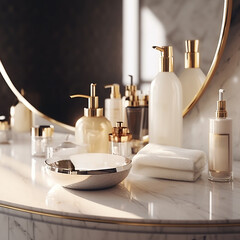 Still life of products and soap in a luxury bathroom or spa, white and cream colors - 663751354