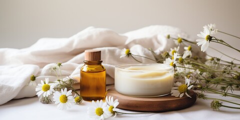 Fototapeta na wymiar Self care card with organic cream, natural oil, aroma sticks, sleeping mask and wild flowers on white background.