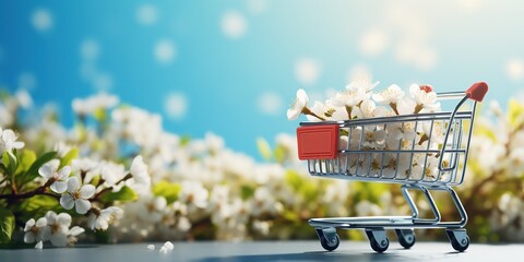 Shopping cart or trolley on blue background with white flowers and copy space. Spring season sale, spring shopping in supermarket concept
