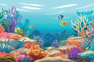 Fototapeta na wymiar Background sea world in the flat cartoon design. Marvels of nature as schools of fish, coral reefs, graceful sea creatures come to life, highlighting beauty of the ocean. Vector illustration.