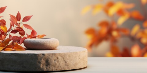 Stone pedestal with orange leaves, fall background. Product display design, minimal mockup template.