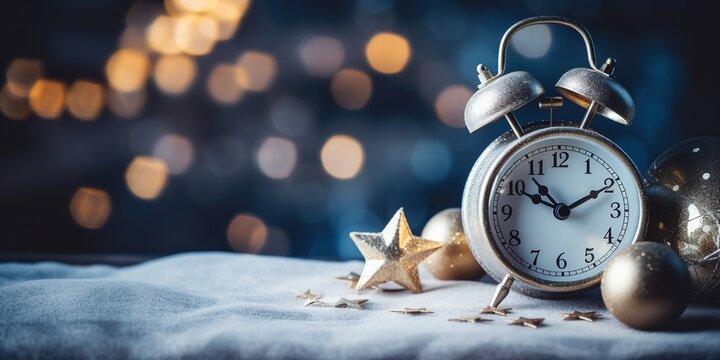 Soft focus, holiday composition with retro, Christmas balls, toys, decoration and alarm clock in a white, paper, gift box on a deep blue background. Concept of winter