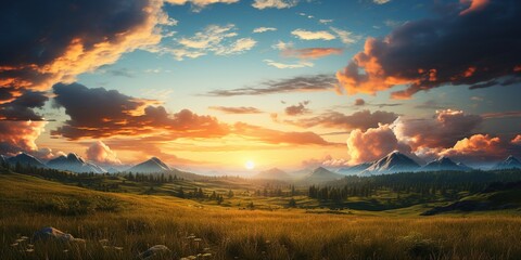 The sun is setting over a field of grass and bushes.