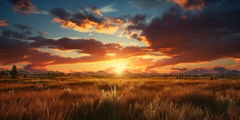 Fototapeta premium The sun is setting over a field of grass and bushes.