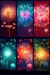 illustration of Firework animation realistic poster set with congratulations and festival symbols. Generative AI
