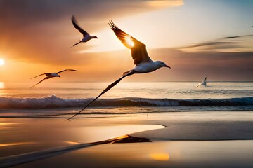 Naklejka na ściany i meble birds on the beach at sunset