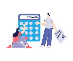 Bill Pay with Man and Woman Character Do Calculation Vector Illustration