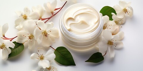 Obraz na płótnie Canvas Whitening and moisturizing Face cream in an open glass jar and flowers on white background. Set for spa, skin care and body products
