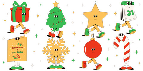 Groovy Christmas Retro set.Funny retro christmas cartoon characters in groovy style.Christmas tree, gift,snowflake, calendar, ball, Merry Christmas card, Star, Christmas candy  in trendy retro cartoon