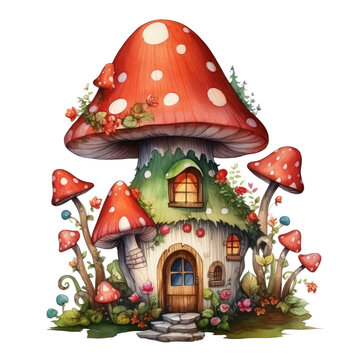 watercolor mushroom house clipart
