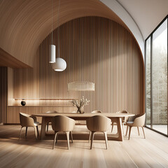  modern dining room with abstract wood. Generative AI