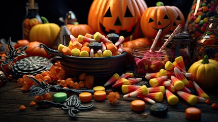 Halloween background with a scary scene and candy