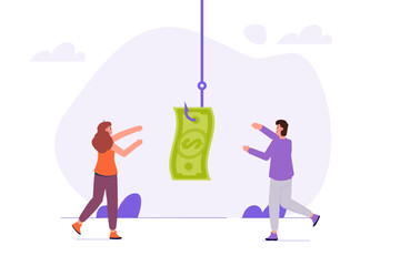 Money bait, money trap concept. Dollar on the fishing hook. Vector illustrations for banner, website, landing page, flyer.