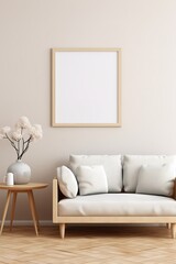 A tranquil and inviting image of a living room with a white couch, coffee table, and picture frame on the wall. 