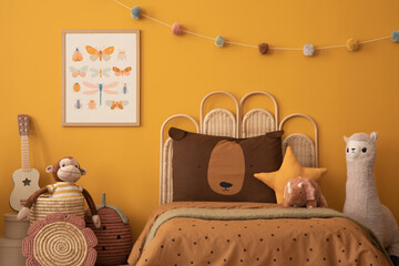 Warm child room interior with mock up poster frame, braided basket, guitar, braided bed, plush...