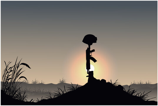 Helmet Gun and Rifle in Combat Boots silhouette on sunset, fallen soldier symbol silhouette