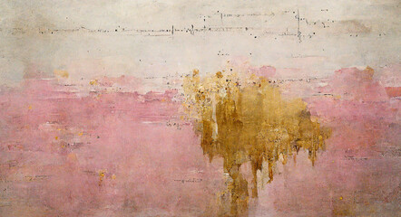 Generative AI, Pink and golden watercolor abstract painted background. Ink street graffiti art on a textured paper vintage background, washes and brush strokes.	
