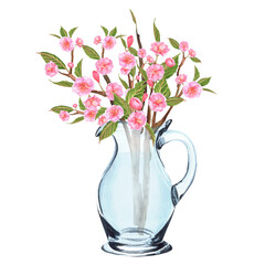 Hand-drawn watercolor illustration. Glass jug with sakura branches