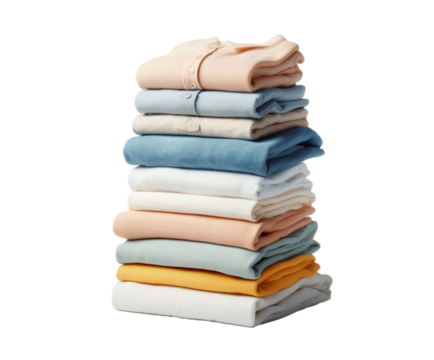 Stack of folded clothes. Pile of clean tshirts and sweaters isolated on white transparent background. PNG