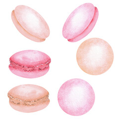 Hand-drawn watercolor illustration. A bundle of sugar pink and coral macaroons