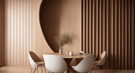 Fototapeta na wymiar Modern Dining Room with Arched Wood Paneling in 8K Ultra HD
