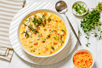 Beer cheese soup with vegetables and thyme