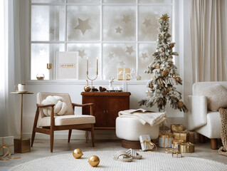 Amazing and cozy christmas living room interior with shelf, boucle armchair, pouf, mock up poster, christmas tree, gifts, decoration, lights, big window and elegant accessories. Family time. Template.