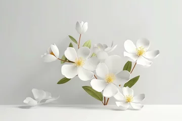 Foto op Canvas 3D mockup showcasing white flowers and leaves blooming on a white background. Generative AI © Ethan