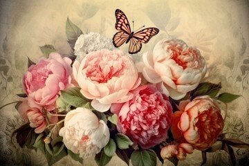 Vintage card with elegant bouquet of peonies and butterfly. Generative AI