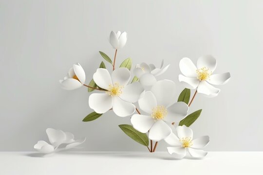 Fototapeta 3D mockup showcasing white flowers and leaves blooming on a white background. Generative AI