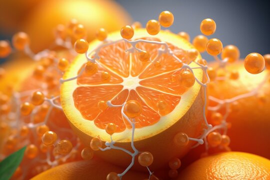 Image of ascorbic acid or vitamin C molecule along with a sliced orange fruit in 3D rendering. Generative AI