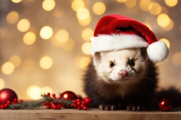Fototapeta na wymiar Christmas cute funny baby ferret in red Santa hat
