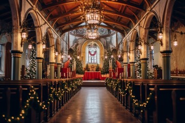 Fototapeta na wymiar Scene inside a church during Christmas. Generative AI