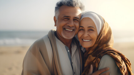 Happy senior arab couple sharing a loving hug on a beach