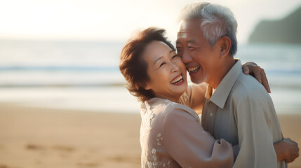 Happy senior asian korean couple sharing a loving hug on a beach