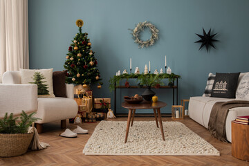 Amazing and cozy christmas living room interior with modular sofa, boucle armchair, wooden consola,...