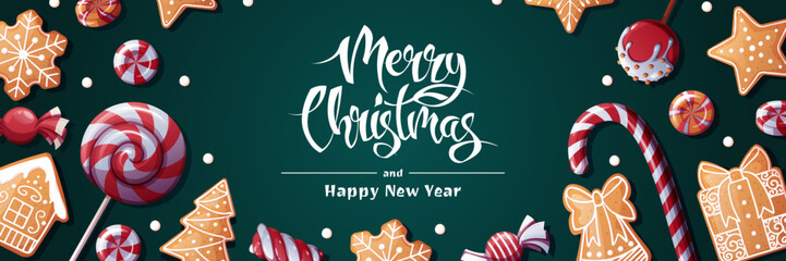 Festive banner with lollipops, candies and gingerbread cookies. Christmas background with gingerbread. Suitable for greeting cards, banners, posters, flyers for New Year and Christmas