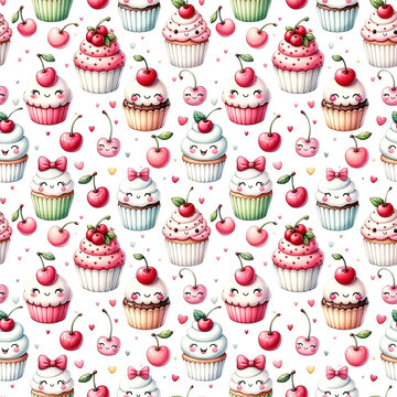 Watercolor seamless pattern with cute cupcakes and cherries isolated on white background.