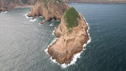 a hexagonal columns landscape in Hong Kong Geopark, at Sai Kung of Po Pin Chau island