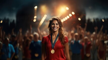 Happy woman, fitness and portrait smile with gold medal for winning, athletics or running...