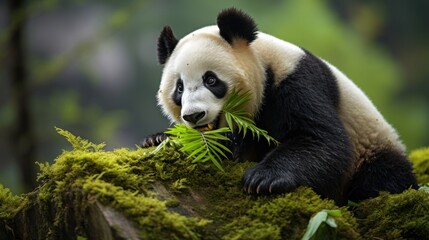Obraz na płótnie Canvas A panda sitting on a rock munching on bamboo leaves