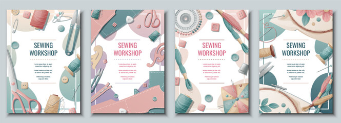 Set of flyer templates with sewing supplies. Background, poster, banner for a sewing workshop, atelier, tailoring courses, tailoring - obrazy, fototapety, plakaty
