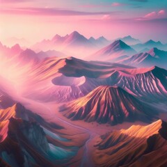 A breathtaking painting of a rugged landscape, with a fiery sunset casting vibrant colors over the majestic mountains, as a river winds its way through the valley below, creating a stunning contrast 