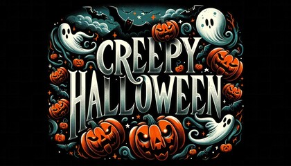 An eerie halloween masterpiece, where chilling text intertwines with haunting pumpkins and spectral ghosts, crafted with a stunning blend of graphics and art