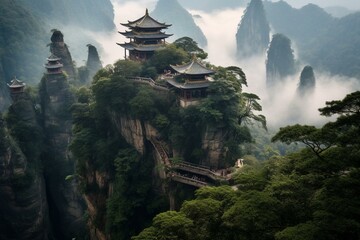 A unique view of an ancient Chinese temple amidst the splendid Zhangjiajie landscape. Generative AI