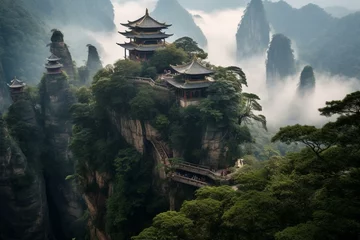 Foto op Canvas A unique view of an ancient Chinese temple amidst the splendid Zhangjiajie landscape. Generative AI © David